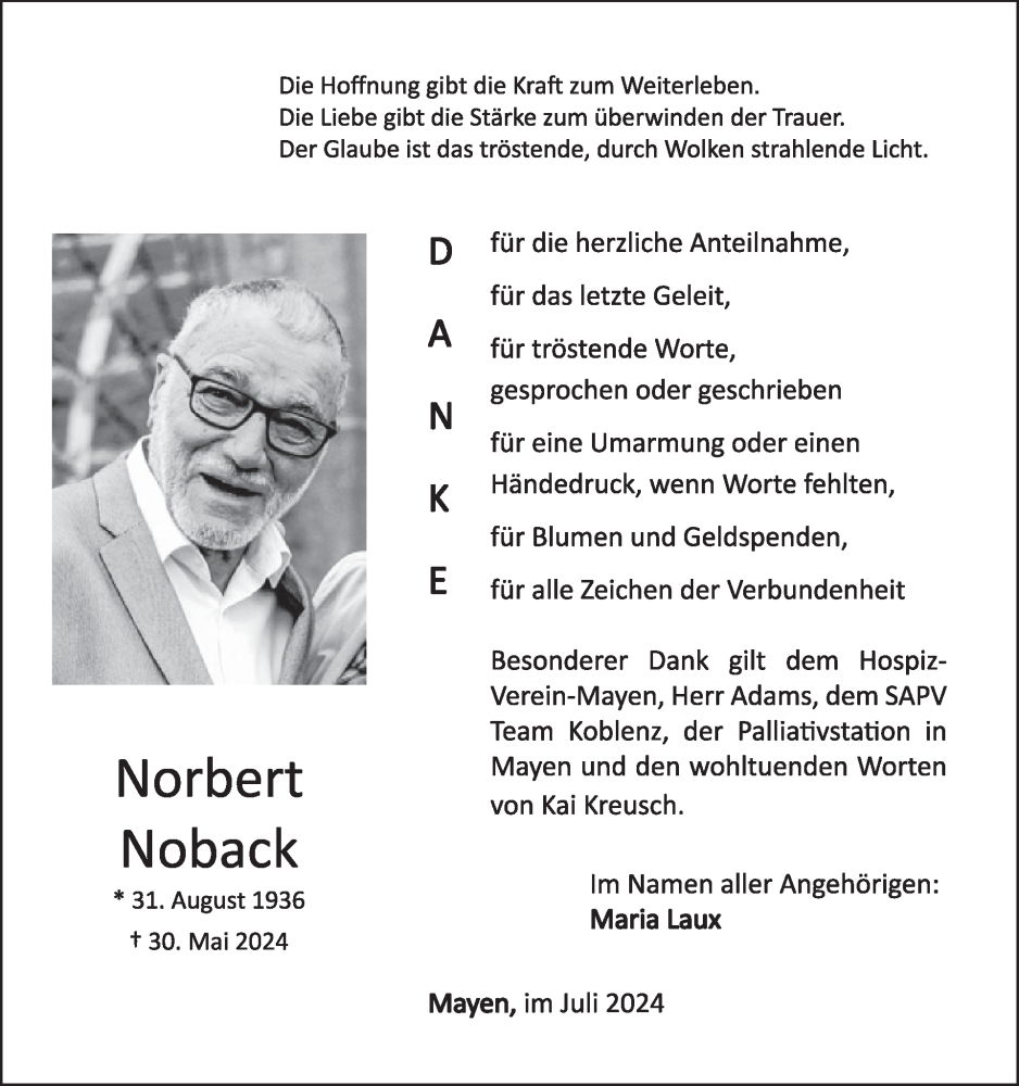  Traueranzeige für Nobert Noback vom 17.07.2024 aus WochenSpiegel
