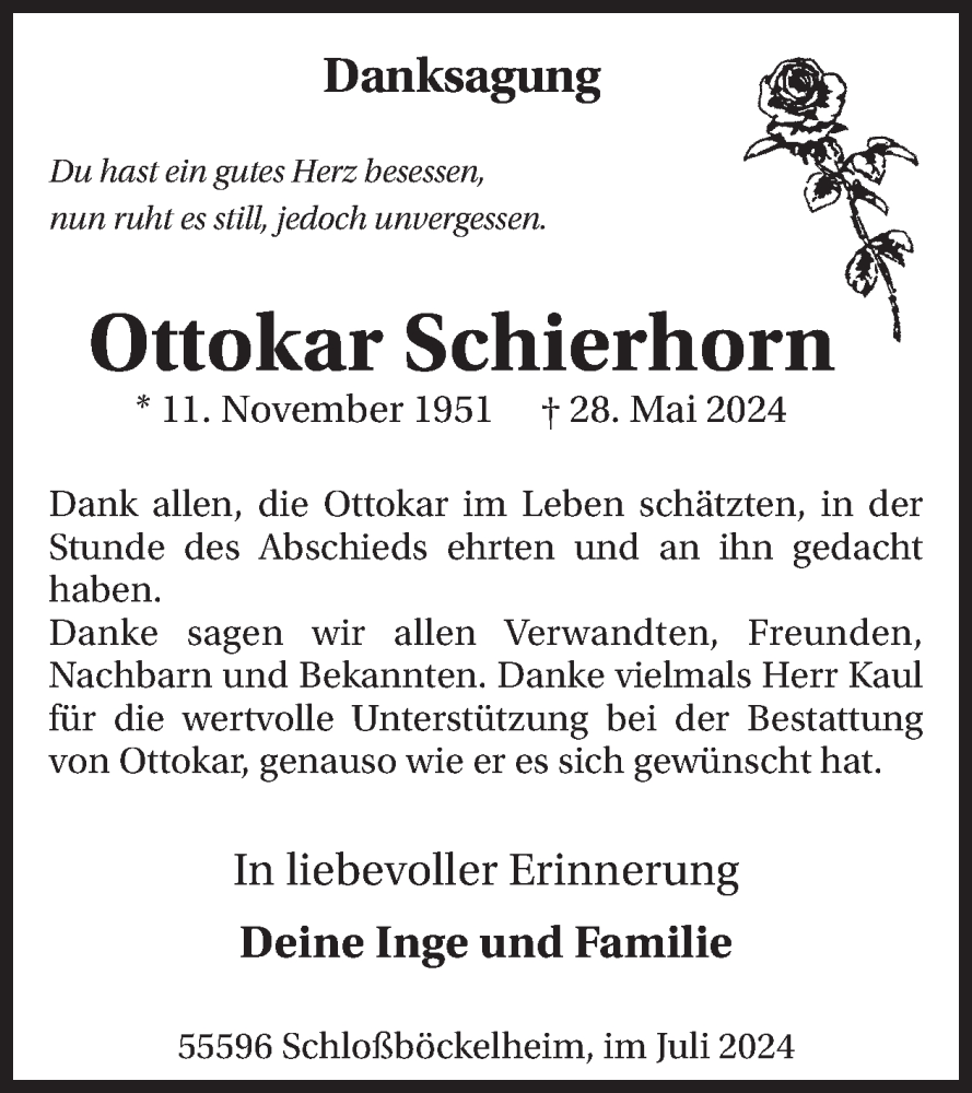 Traueranzeige für Ottokar Schierhorn vom 13.07.2024 aus WochenSpiegel