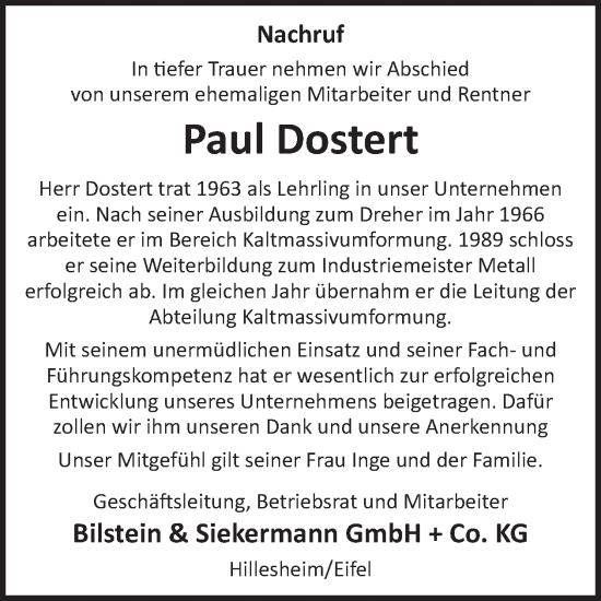 Traueranzeige von Paul Dostert von WochenSpiegel