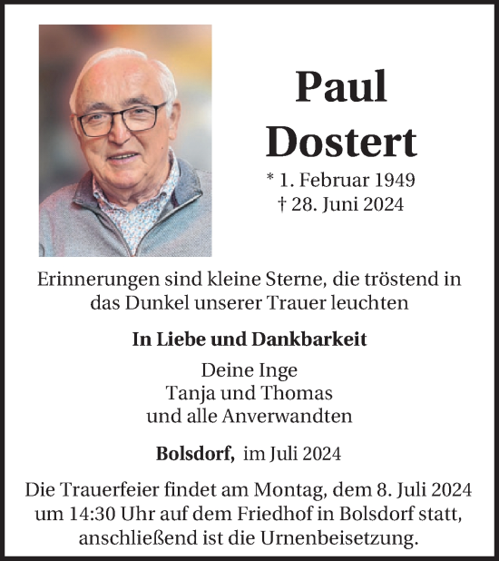 Traueranzeige von Paul Dostert von WochenSpiegel