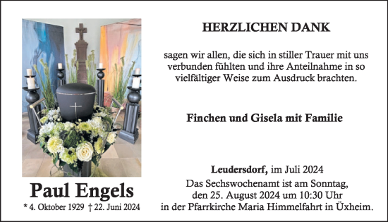 Traueranzeige von Paul Engels von WochenSpiegel