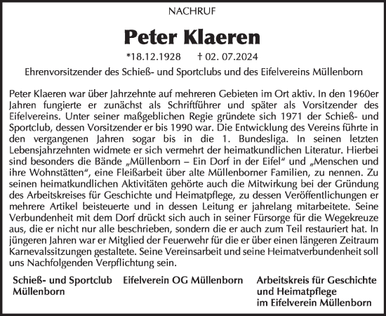 Traueranzeige von Peter Klaeren von WochenSpiegel