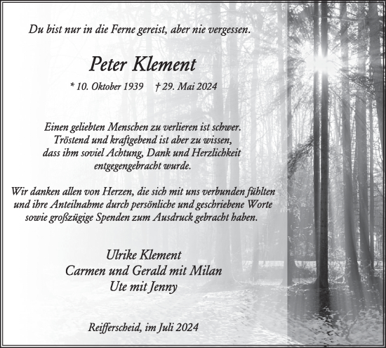 Traueranzeige von Peter Klement von WochenSpiegel