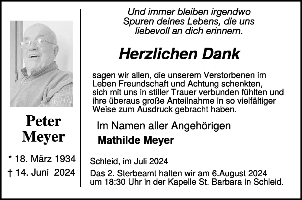  Traueranzeige für Peter Meyer vom 26.07.2024 aus WochenSpiegel