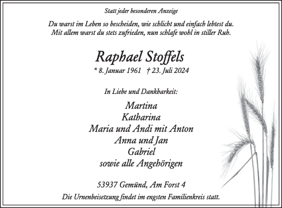 Traueranzeige von Raphael Stoffels von WochenSpiegel