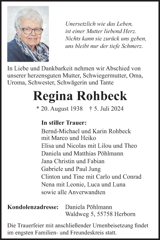 Traueranzeige von Regina Rohbeck von WochenSpiegel