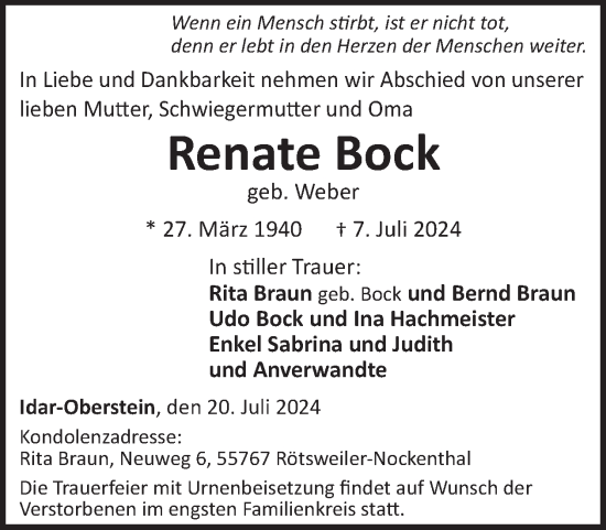 Traueranzeige von Renate Bock von WochenSpiegel
