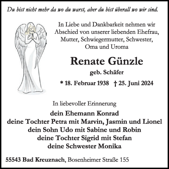 Traueranzeige von Renate Günzle von WochenSpiegel