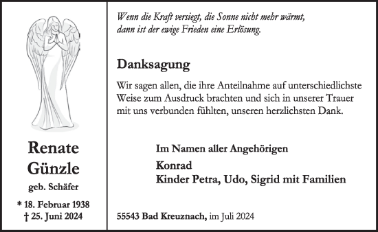 Traueranzeige von Renate Günzle von WochenSpiegel
