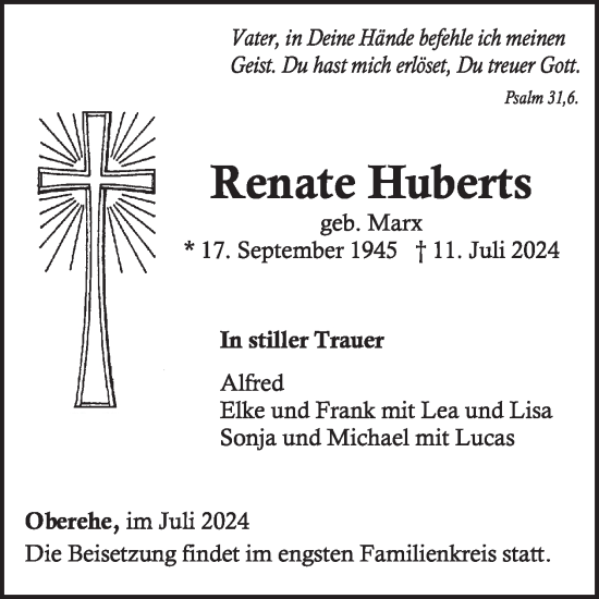 Traueranzeige von Renate Huberts von WochenSpiegel