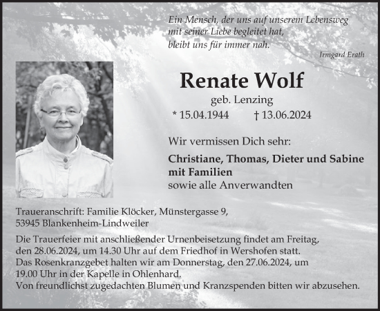 Traueranzeige von Renate Wolf von WochenSpiegel