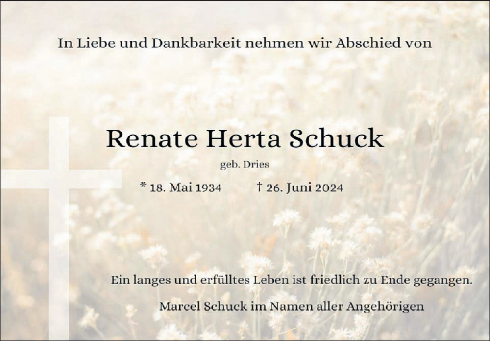  Traueranzeige für Renate Herta Schuck vom 13.07.2024 aus WochenSpiegel