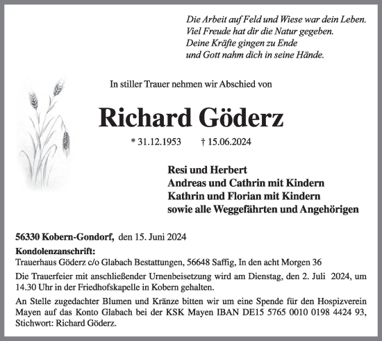 Traueranzeige von Richard Göderz von WochenSpiegel