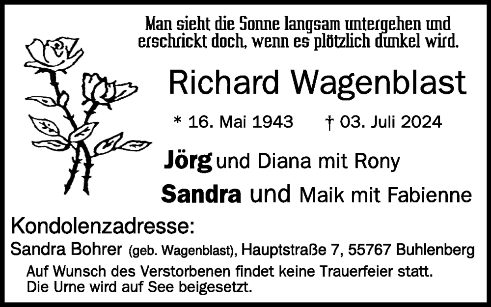  Traueranzeige für Richard Wagenblast vom 20.07.2024 aus WochenSpiegel