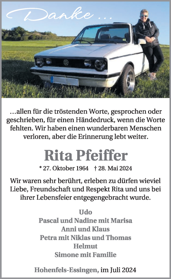 Traueranzeige von Rita Pfeiffer von WochenSpiegel