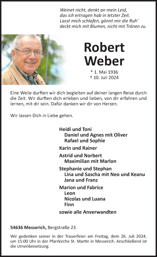 Traueranzeige von Robert Weber von WochenSpiegel