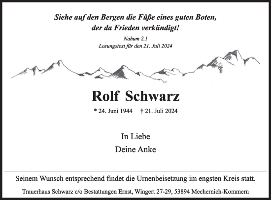 Traueranzeige von Rolf Schwarz von WochenSpiegel