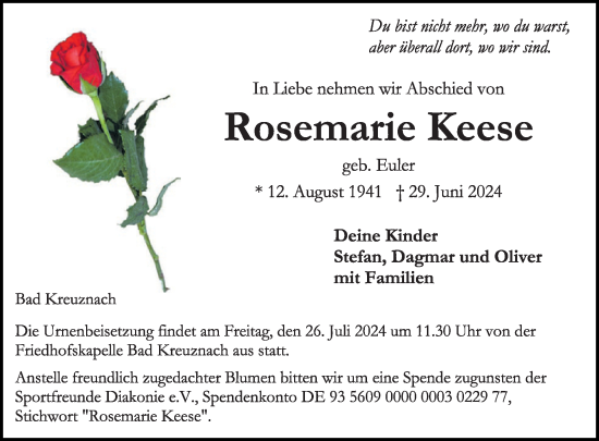 Traueranzeige von Rosemarie Keese von WochenSpiegel