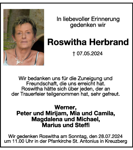 Traueranzeige von Roswitha Herbrand von WochenSpiegel