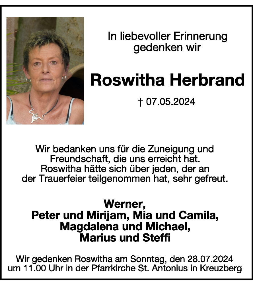  Traueranzeige für Roswitha Herbrand vom 17.07.2024 aus WochenSpiegel