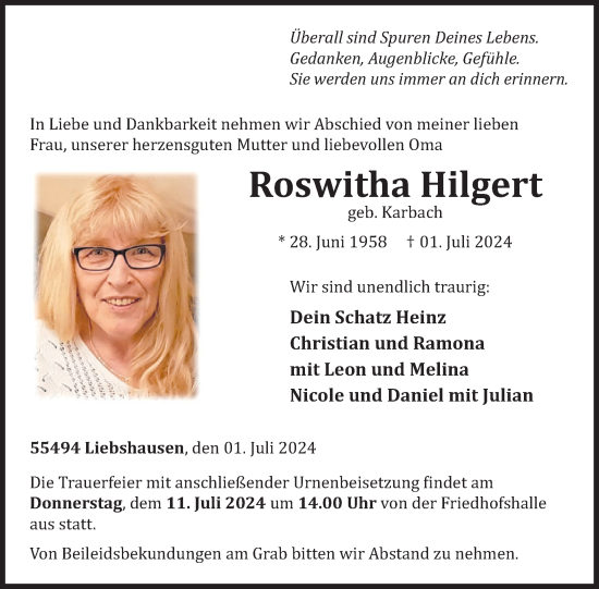 Traueranzeige von Roswitha Hilgert von WochenSpiegel