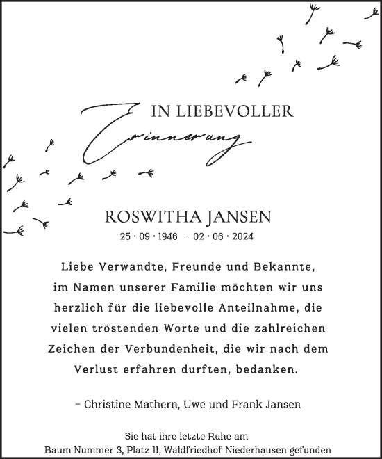 Traueranzeige von Roswitha Jansen von WochenSpiegel
