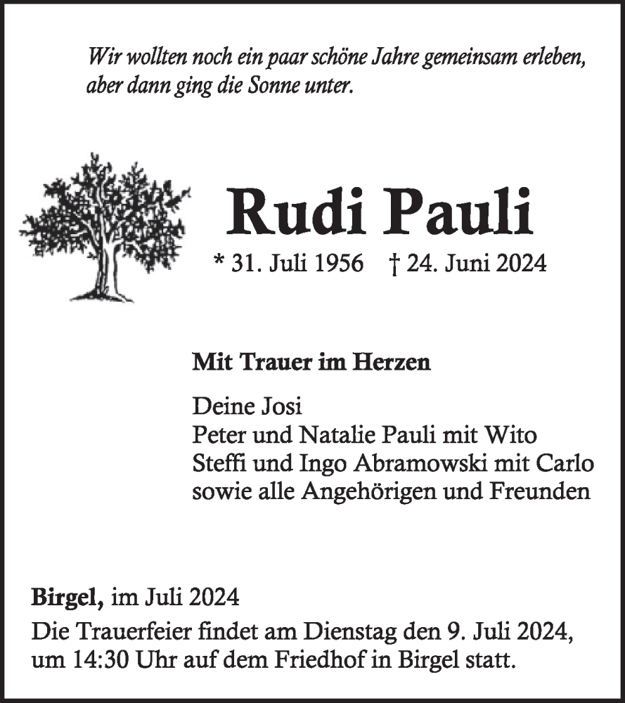  Traueranzeige für Rudi Pauli vom 06.07.2024 aus WochenSpiegel