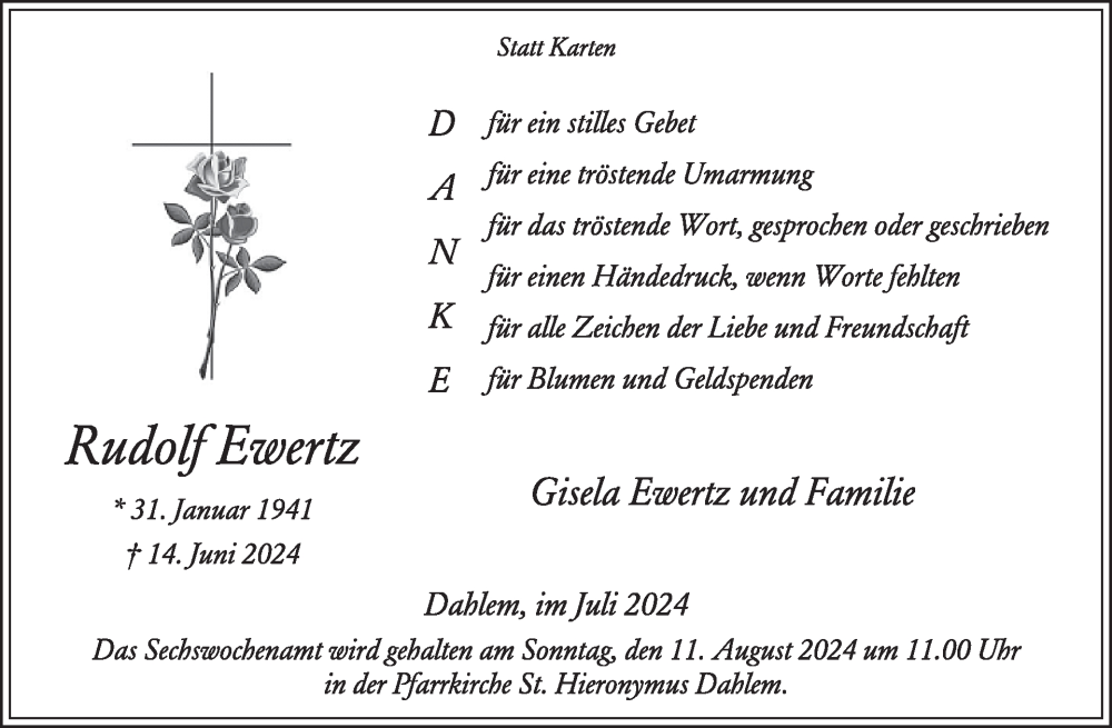 Traueranzeige für Rudolf Ewertz vom 31.07.2024 aus WochenSpiegel