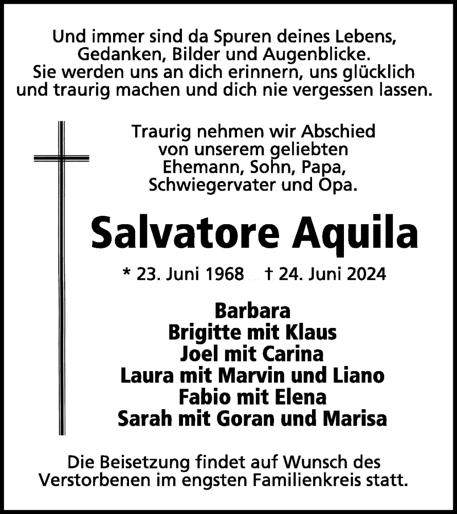  Traueranzeige für Salvatore Aquila vom 06.07.2024 aus WochenSpiegel