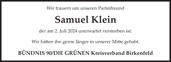 Traueranzeige von Samuel Klein von WochenSpiegel