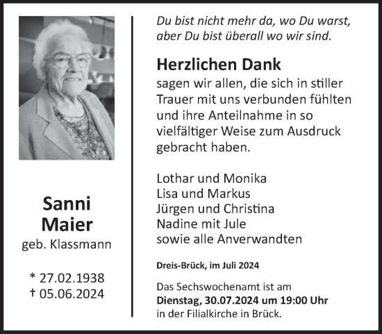 Traueranzeige von Sanni Maier von WochenSpiegel
