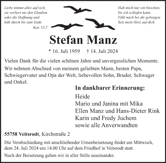 Traueranzeige von Stefan Manz von WochenSpiegel