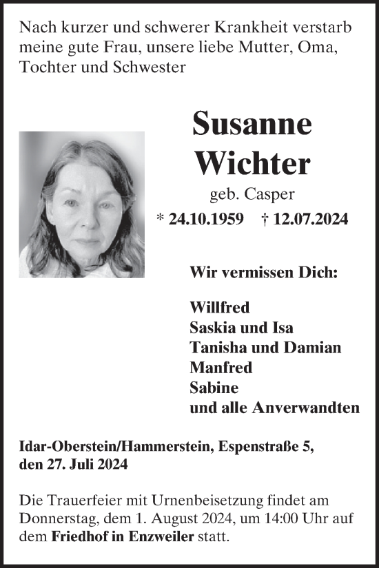 Traueranzeige von Susanne Wichter von WochenSpiegel