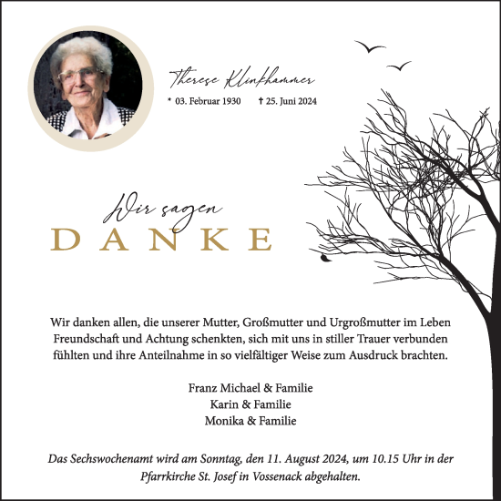 Traueranzeige von Therese Klinkhammer von WochenSpiegel
