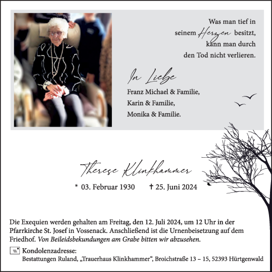 Traueranzeige von Therese Klinkhammer von WochenSpiegel