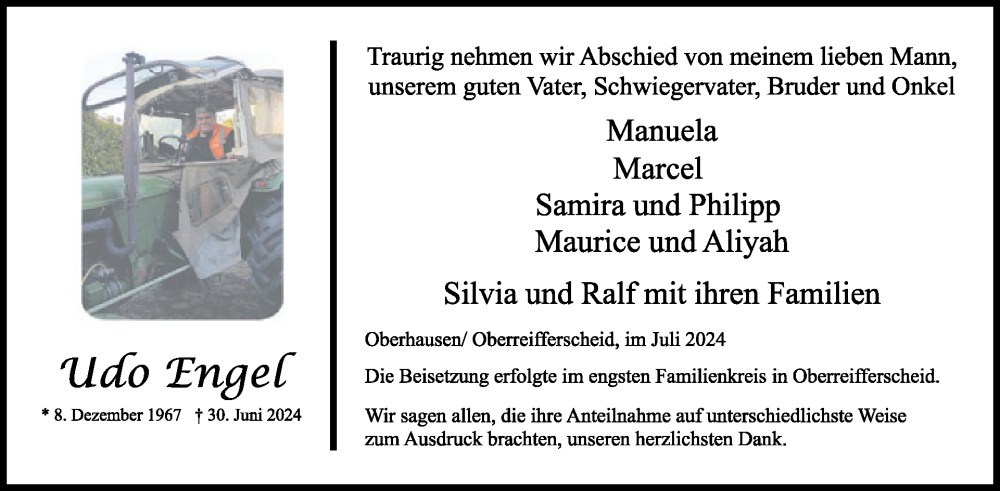  Traueranzeige für Udo Engel vom 17.07.2024 aus WochenSpiegel