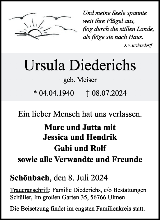 Traueranzeige von Ursula Diederichs von WochenSpiegel