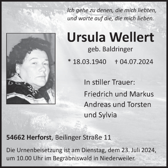Traueranzeige von Ursula Wellert von WochenSpiegel