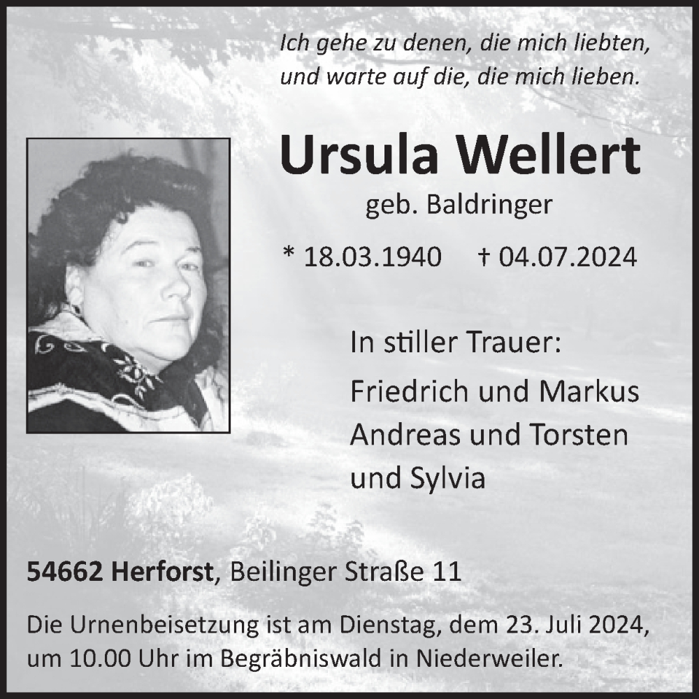  Traueranzeige für Ursula Wellert vom 19.07.2024 aus WochenSpiegel