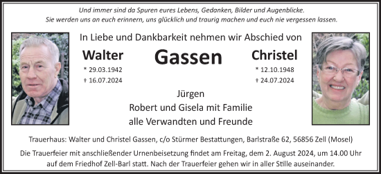 Traueranzeige von Walter Gassen von WochenSpiegel
