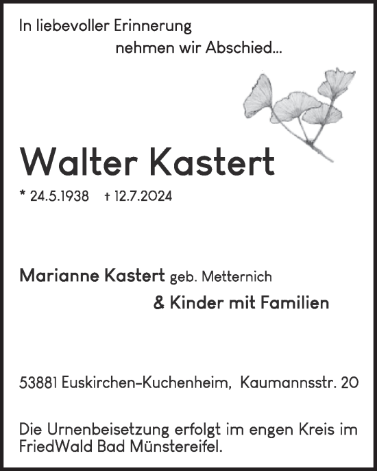 Traueranzeige von Walter Kastert von WochenSpiegel