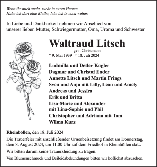 Traueranzeige von Waltraud Litsch von WochenSpiegel