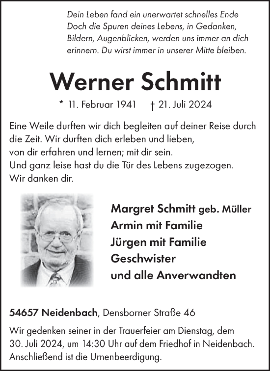 Traueranzeige von Werner Schmitt von WochenSpiegel