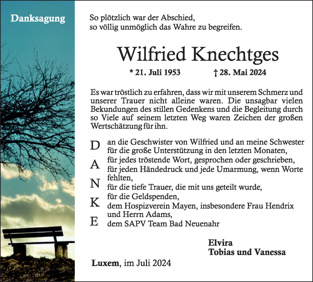  Traueranzeige für Wilfried Knechtges vom 31.07.2024 aus WochenSpiegel