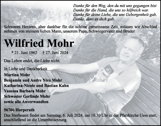 Traueranzeige von Wilfried Mohr von WochenSpiegel
