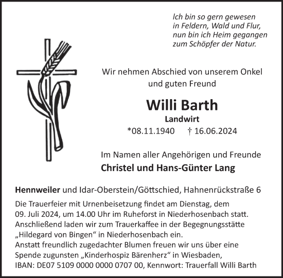 Traueranzeige von Willi Barth von WochenSpiegel