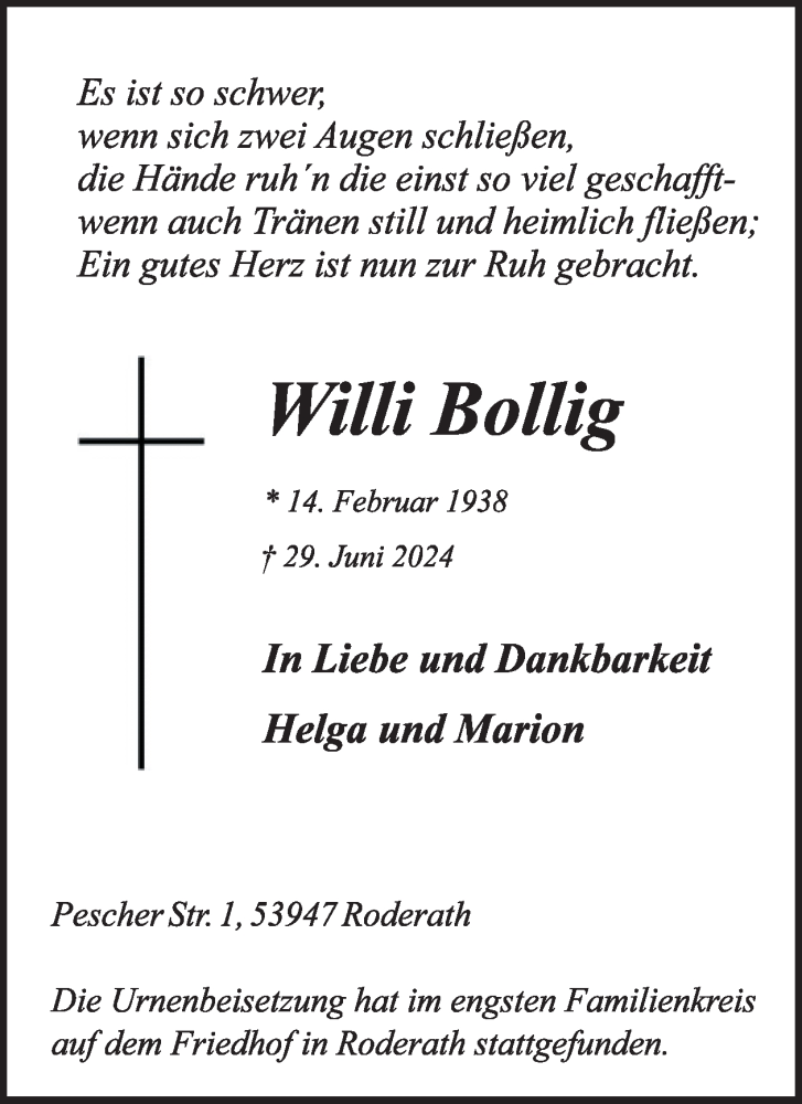  Traueranzeige für Willi Bollig vom 10.07.2024 aus WochenSpiegel