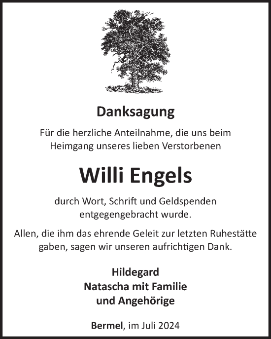 Traueranzeige von Willi Engels von WochenSpiegel