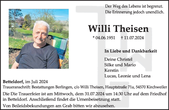Traueranzeige von Willi Theisen von WochenSpiegel