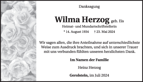 Traueranzeige von Wilma Herzog von WochenSpiegel